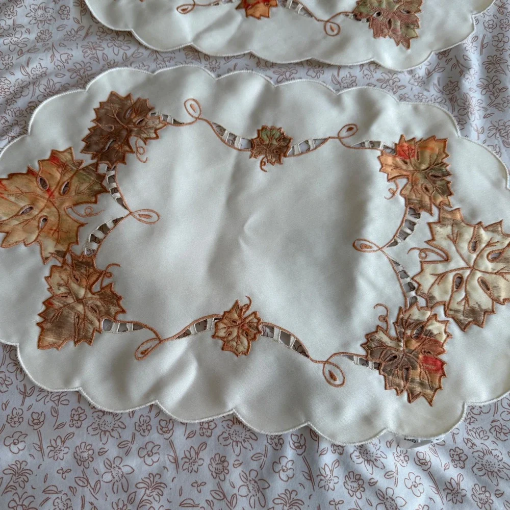 Fall Autumn Maple Leaf Table Runner and 8 Placemats Set Embroidered Cutout Cream